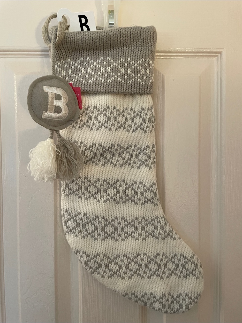 Personalized Gray & White Knit Holiday Stocking with 'B' Initial New